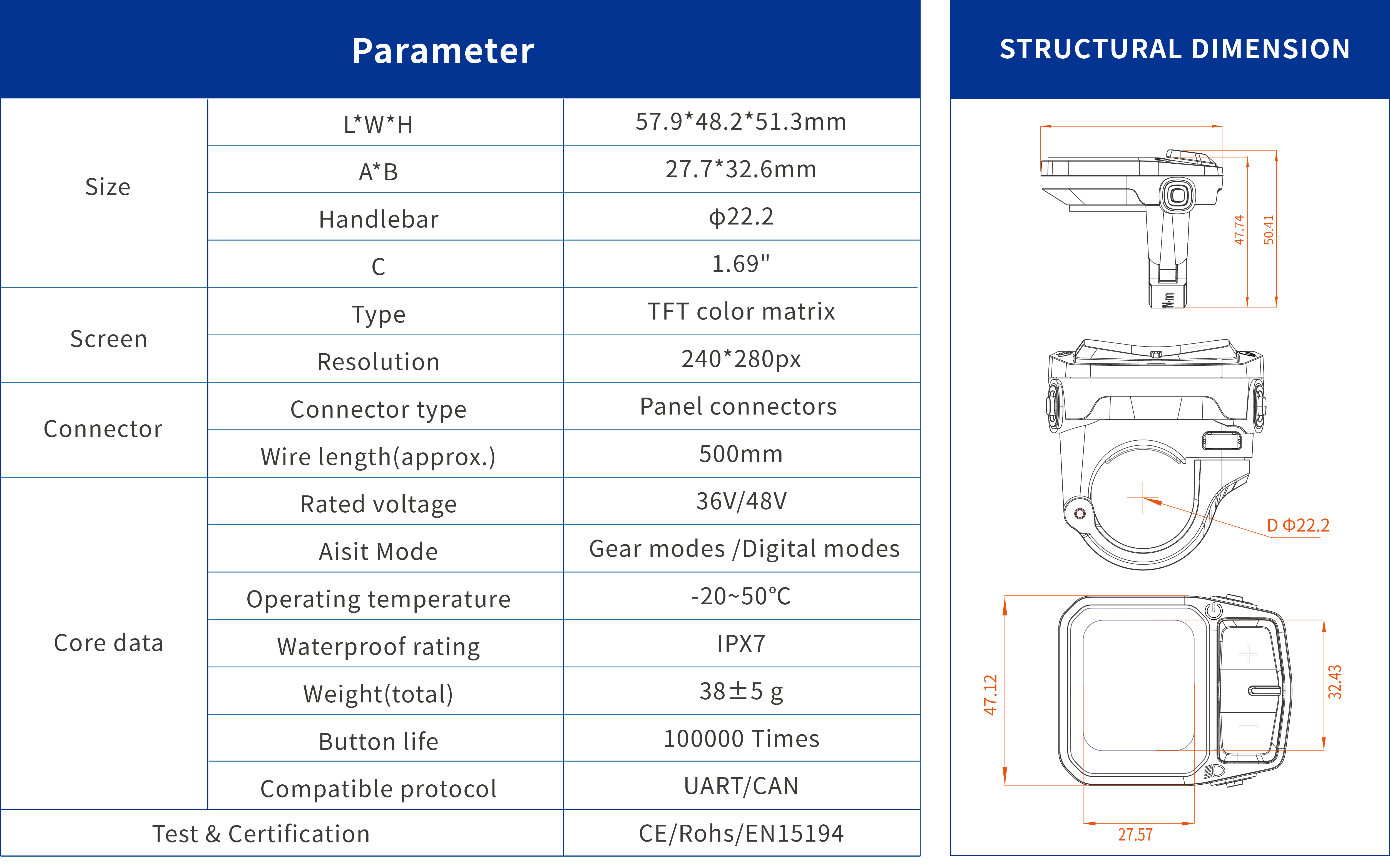 Y2-R 1.69inch TFT Right  Mounted